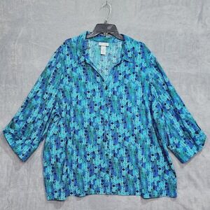 Catherines 3X‎ Button Down Top Blue Green Chevron Print 3/4 Sleeve Plus Size